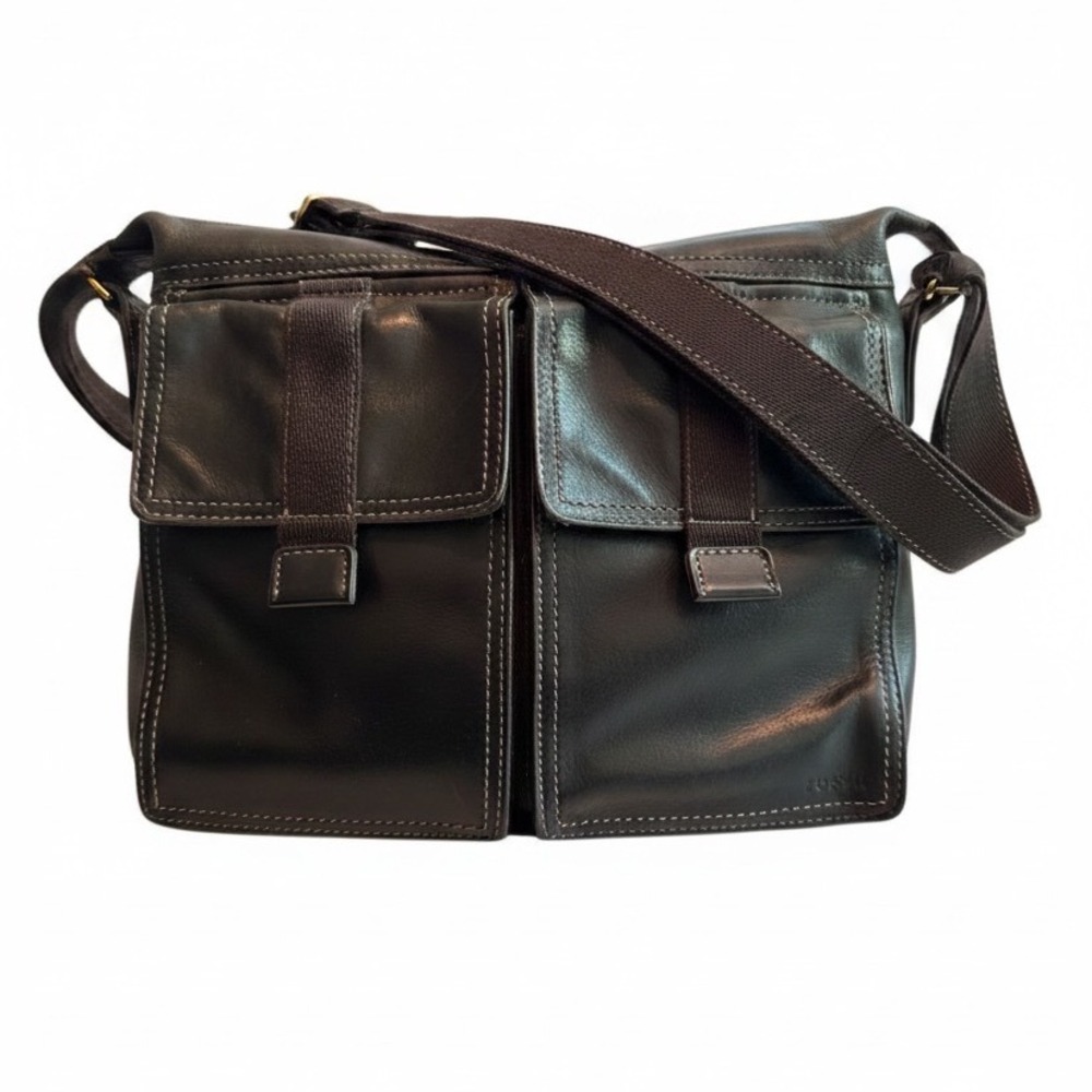 Fossil Crossbody Bag Medium Black Leather Cargo Pocket Utility Dark Academia